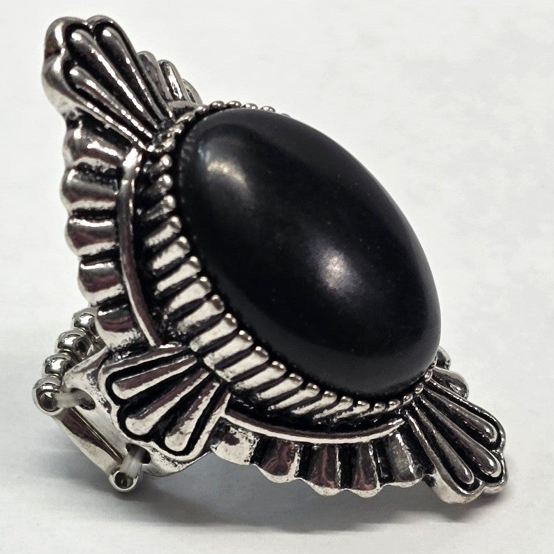 New Huge Ring Women Black Oval Stone Silver Tone Stretch Band Heavy Statement