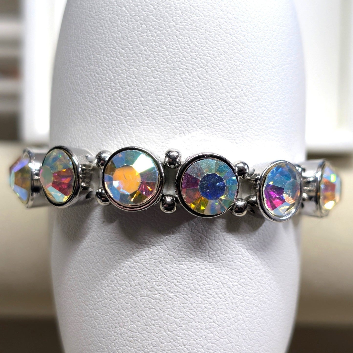 New Aurora Borealis Crystal Stretch Bracelet Silver Tone Iridescent AB Wedding