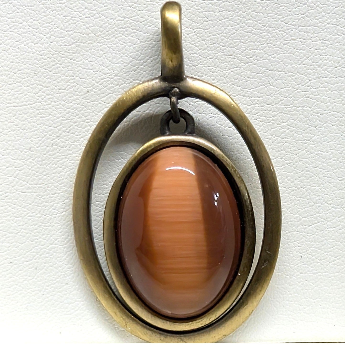 Vintage Oval Moving Charm Pendant Brown Tiger Cat Eye Moonstone Style BronzeTone