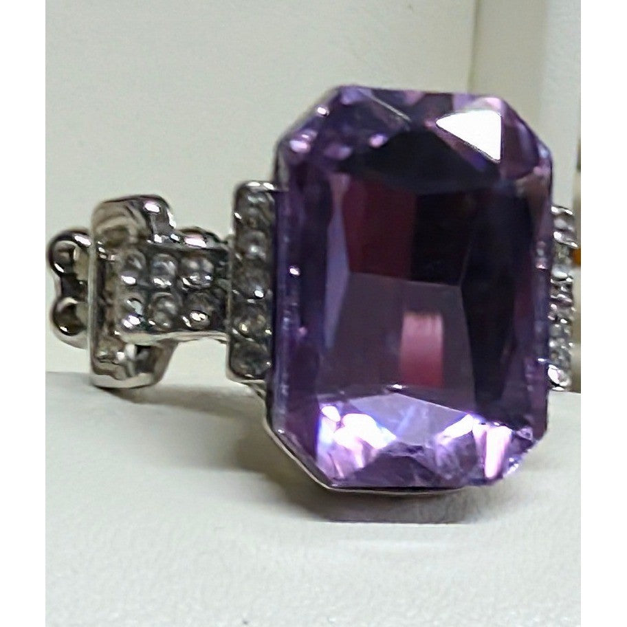 New Purple Emerald Cut Chunky Clear Rhinestone Statement Ring SilverTone Stretch