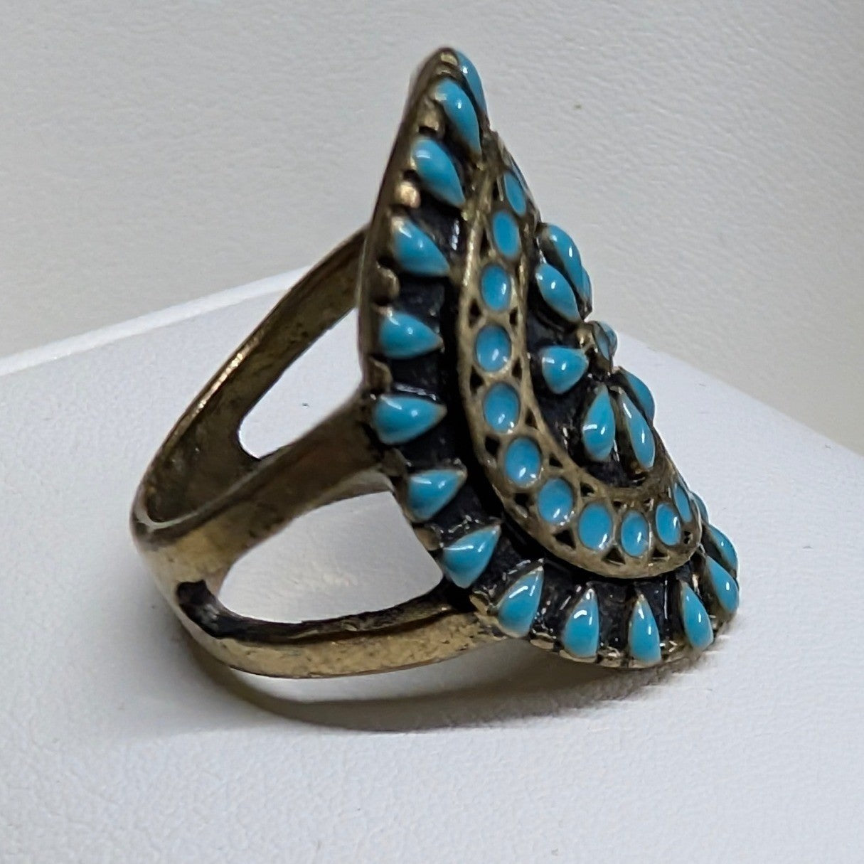 Vintage Statement Oval Turquoise Faux Stone Ring Size 6.5 Brass Tone Boho Ethnic