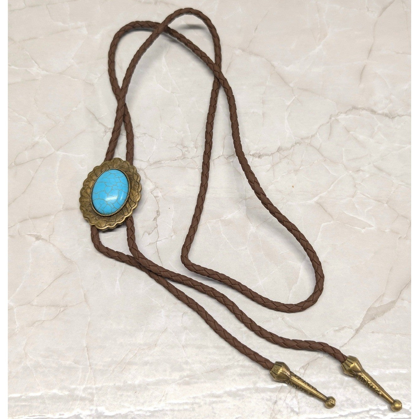 New Bolo Tie Brown Braided Cord Faux Oval Turquoise Stone BrassTone Cowboy Rodeo