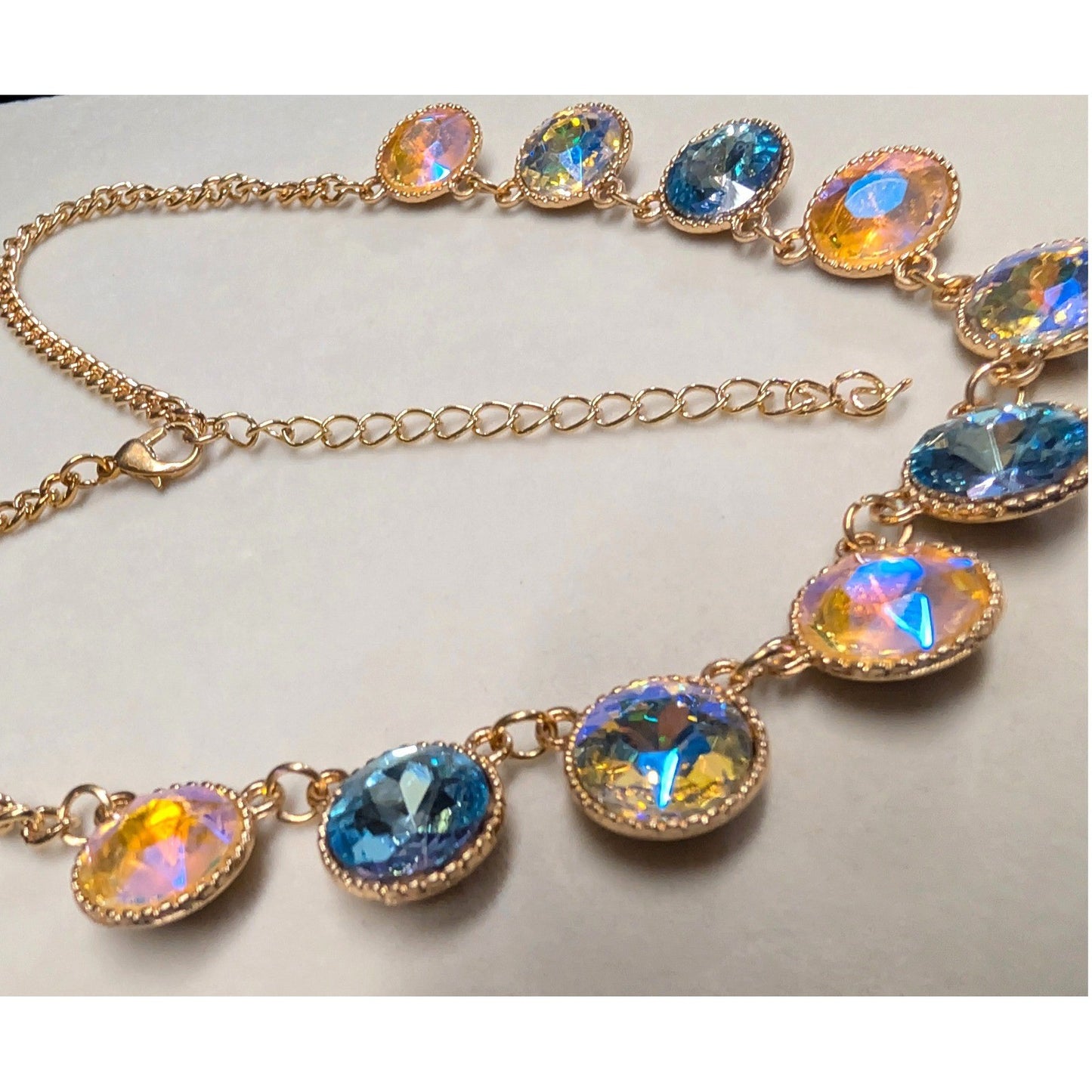 Statement 20" Necklace GoldTone Iridescent Blue Crystal AB Aurora Borealis