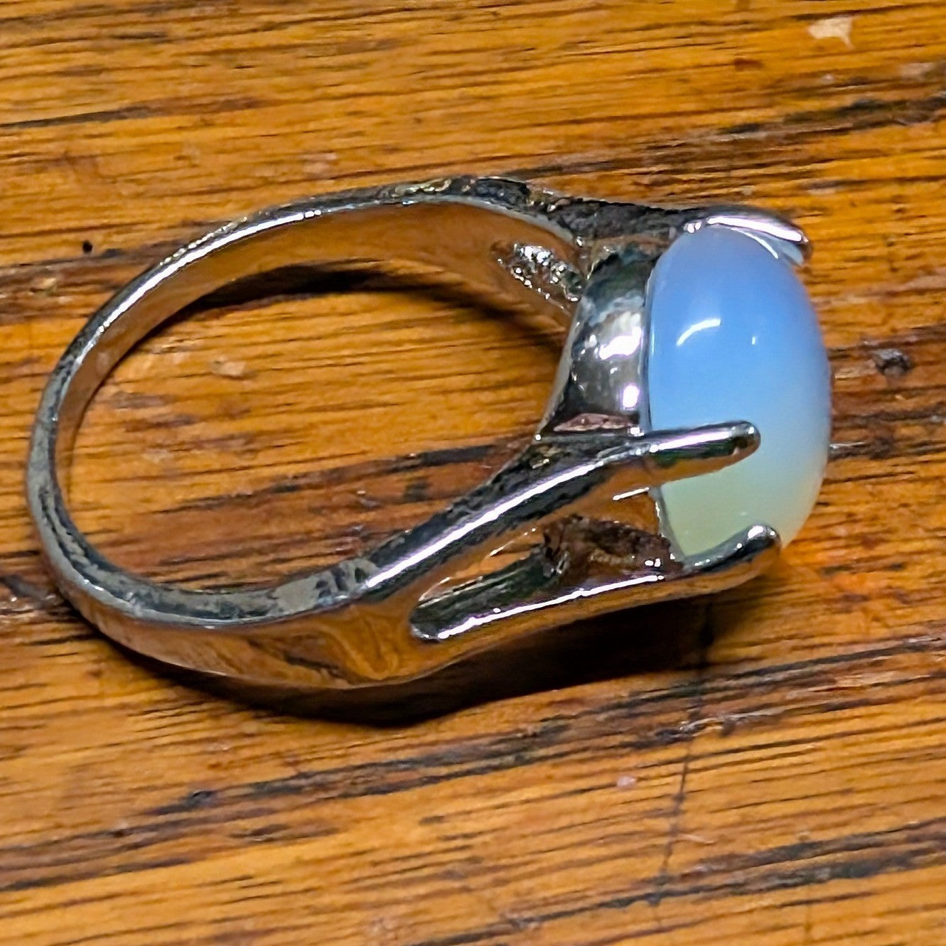 Vtg New Moonstone Opalite Cabochon Ring Size 10.5 SilverTone Split Shank Round