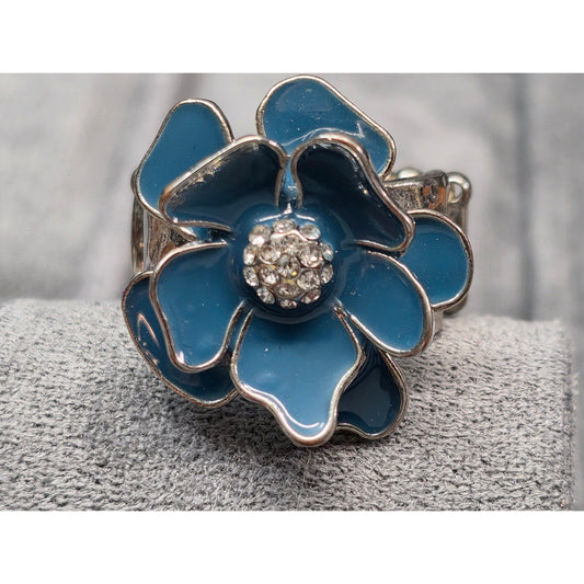 New Flower Ring Blue Enamel Rhinestone Cluster Stretch Band Floral Silvertone