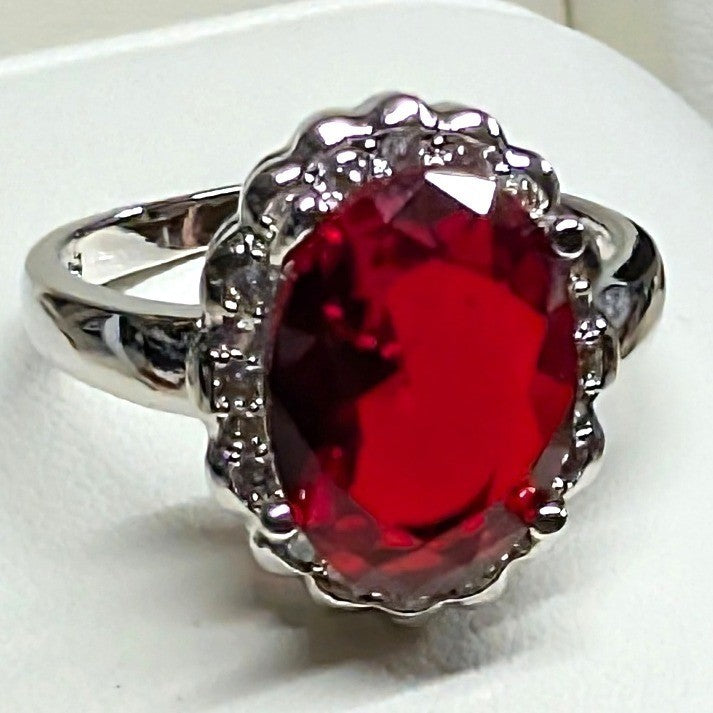 New 925 Marked Red Stone Halo Ring Plus Size 9.5 SilverTone Oval Rhinestones