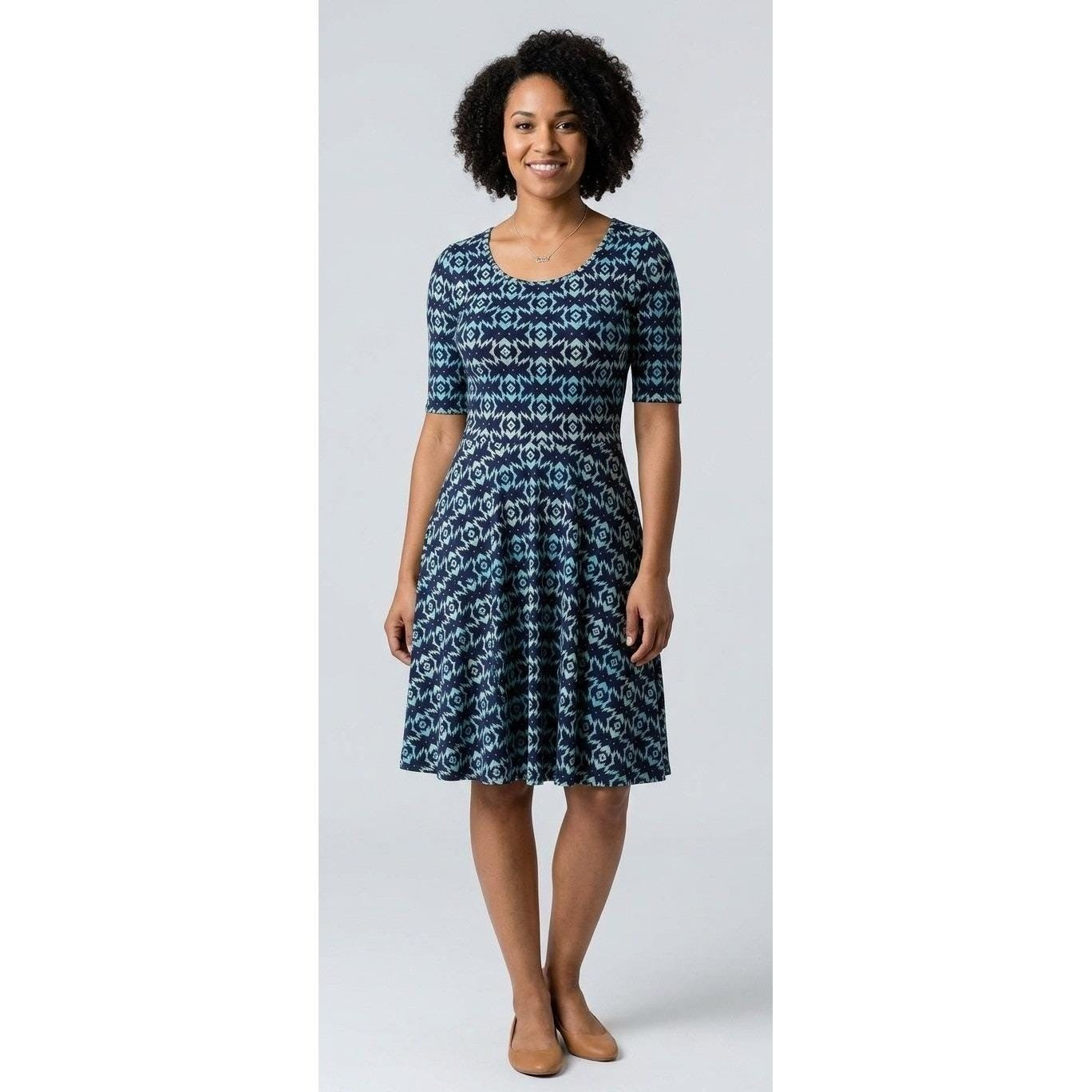 LuLaRoe Nicole Fit & Flare Dress Medium M Med Blue Geometric Aztec Short Sleeves