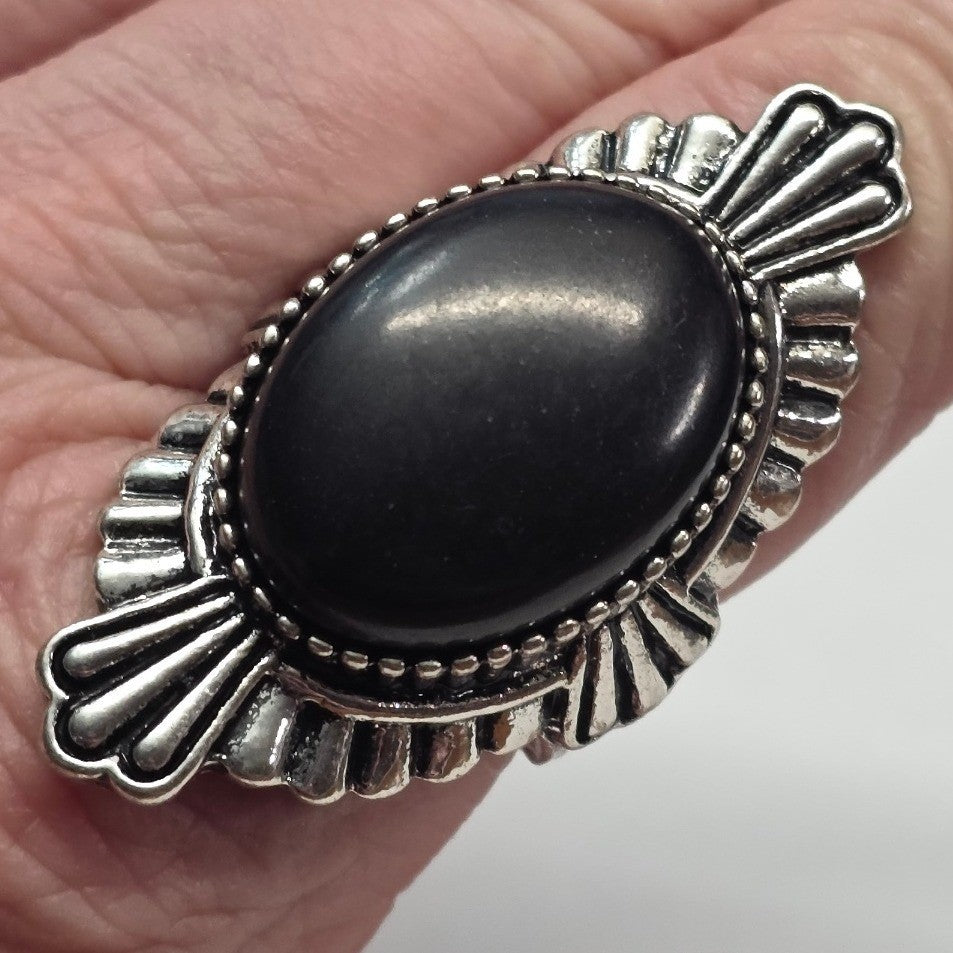 New Huge Ring Women Black Oval Stone Silver Tone Stretch Band Heavy Statement