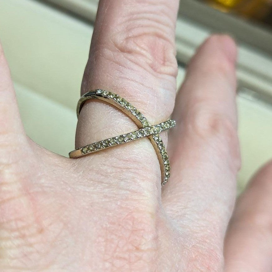 Clear Rhinestones Crystal X Ring Size 7 SilverTone Pave Criss Cross Crossover