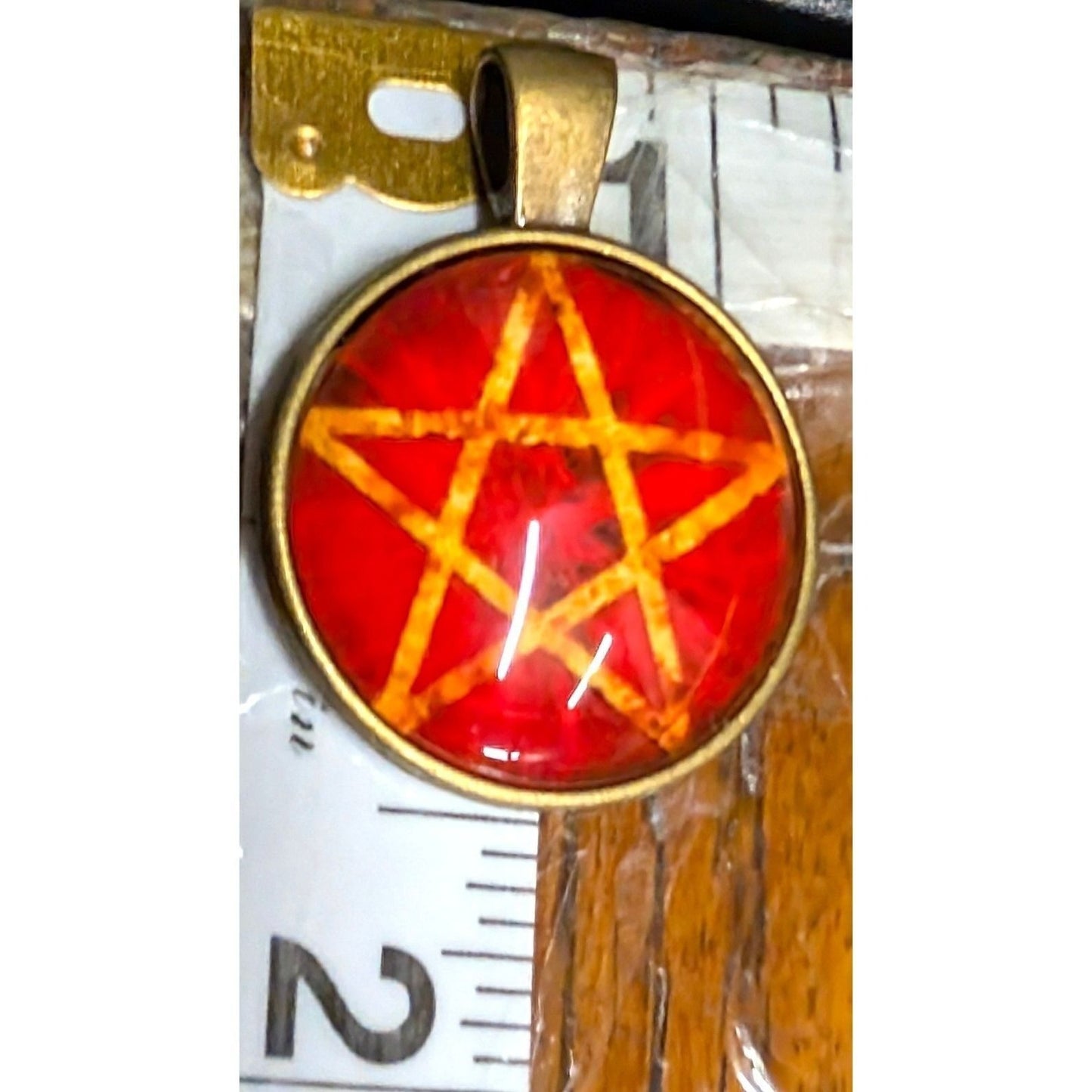 Vtg Pentagram Pendant Red Yellow Bronze Tone Occult Gothic Wicca Glass Cabochon