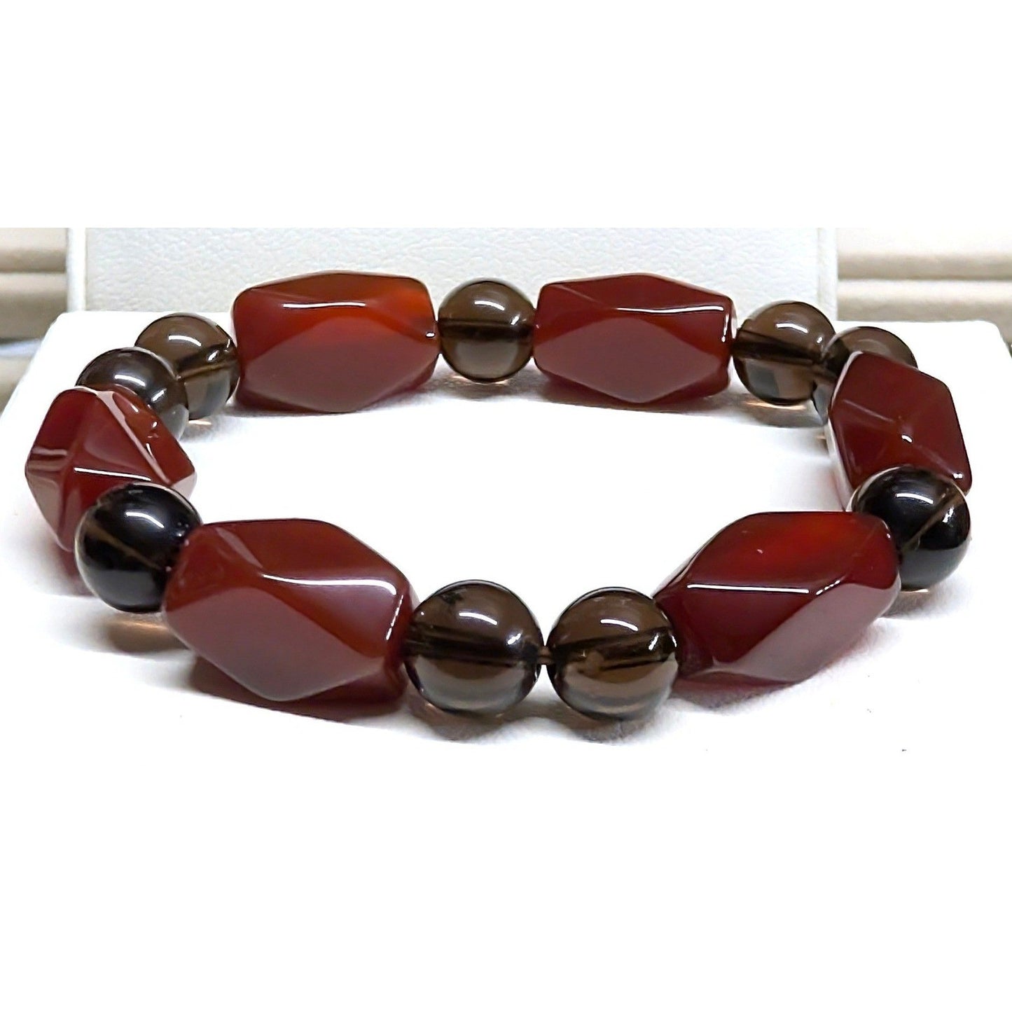 New Carnelian Smoky Quartz Beaded Stretch Bracelet Brown Red Geometric Beads