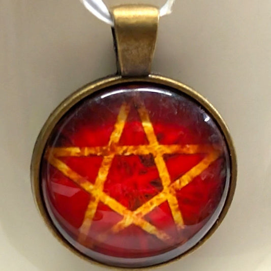 Vtg Pentagram Pendant Red Yellow Bronze Tone Occult Gothic Wicca Glass Cabochon