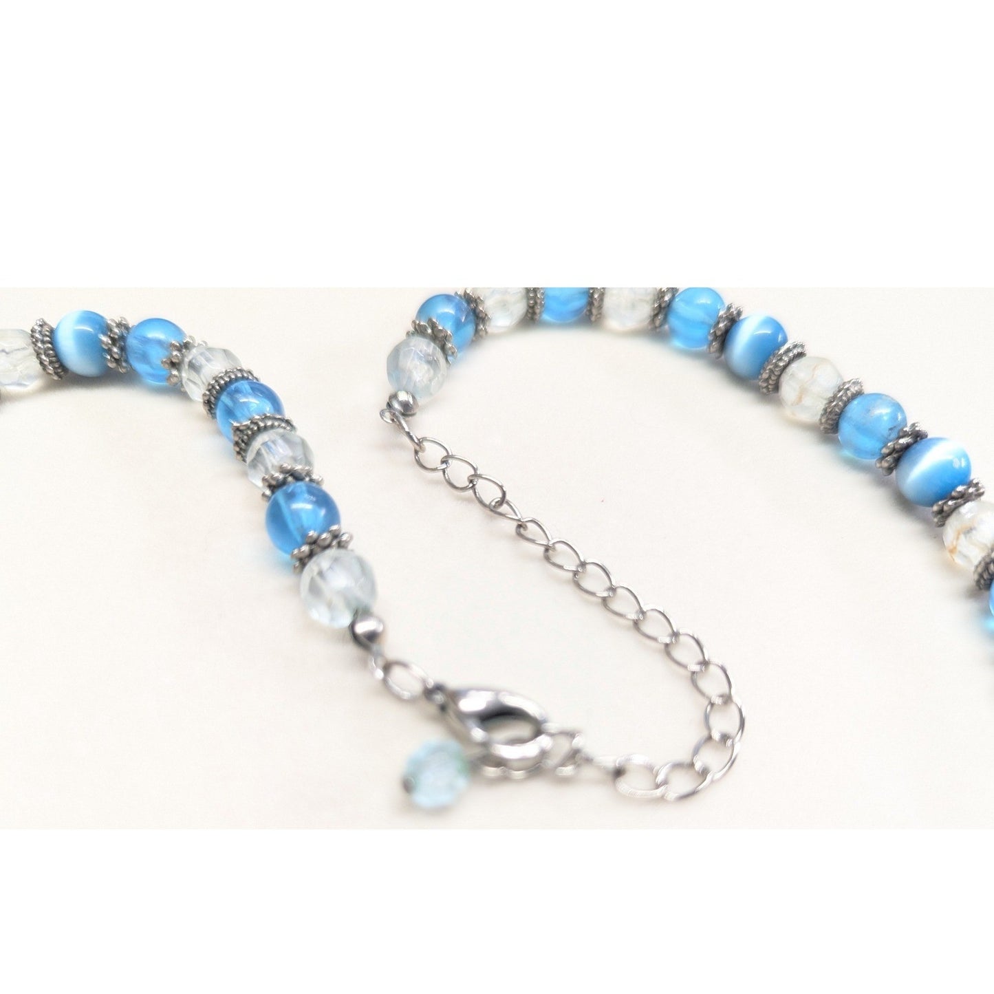 Vintage Beaded Necklace Blue Cats Eye Glass Silver Tone Boho Strand Clear Beads