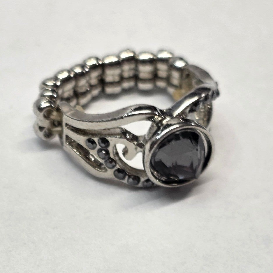 New Stretch Band Ring Silver Tone Black Rhinestone Oval Filigree Cocktail OSFM