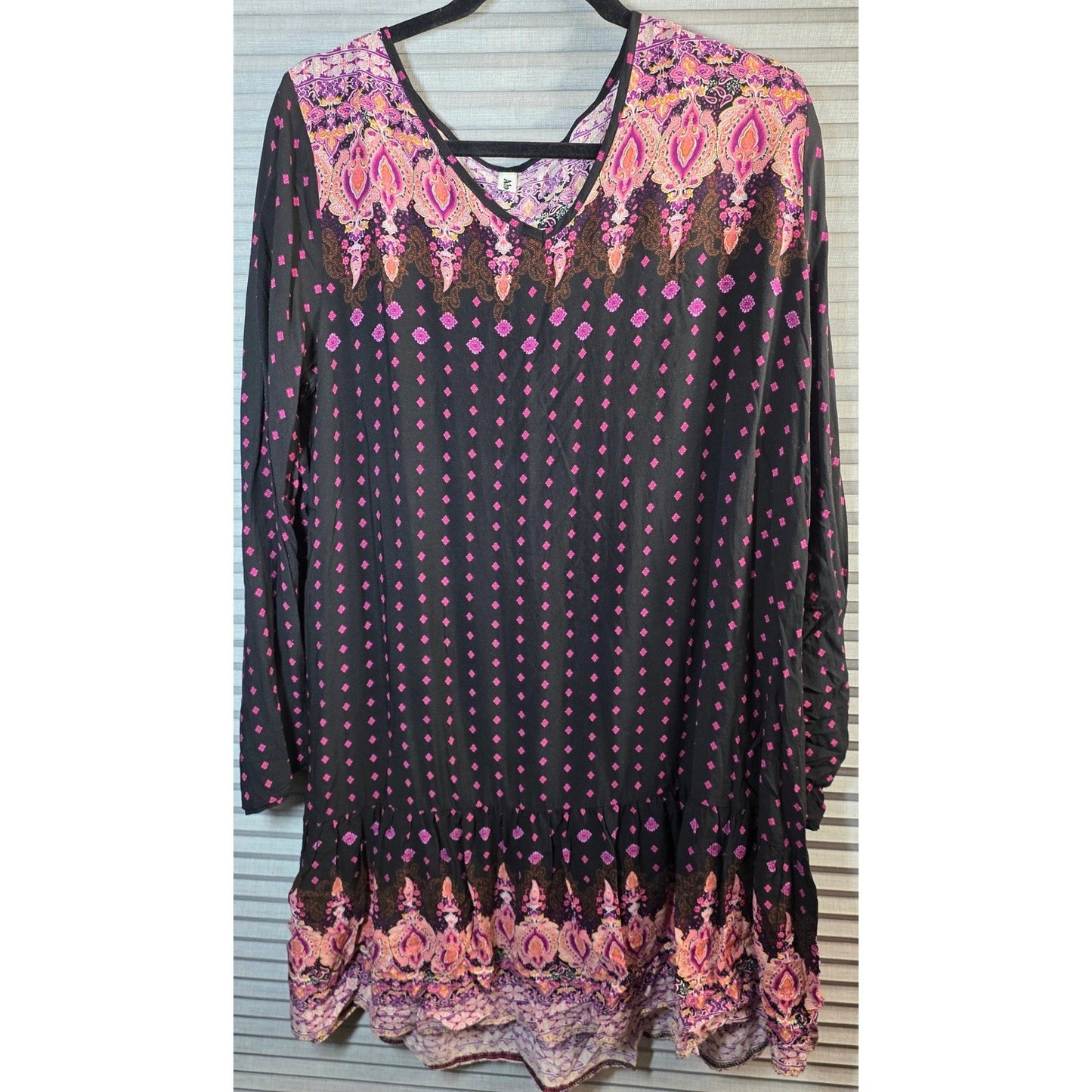 Abollria Dress Plus Size 2XL Black Pink Peach Boho Paisley Long Slv Tunic Mini