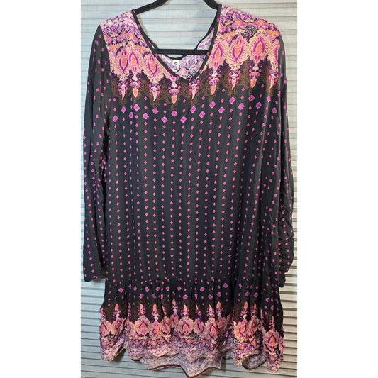 Abollria Dress Plus Size 2XL Black Pink Peach Boho Paisley Long Slv Tunic Mini
