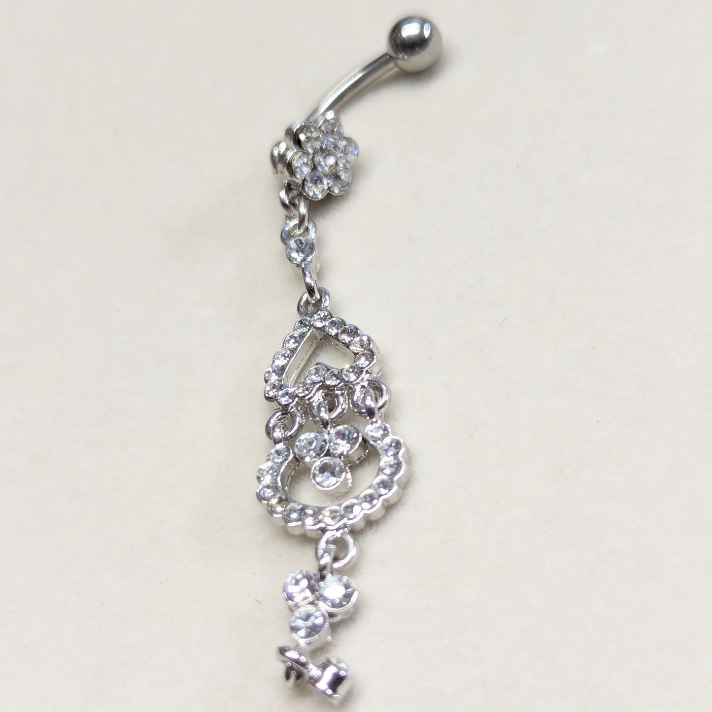 Heart Flower Dangle Belly Ring Women Silver Tone Rhinestone Sparkly Body Jewelry