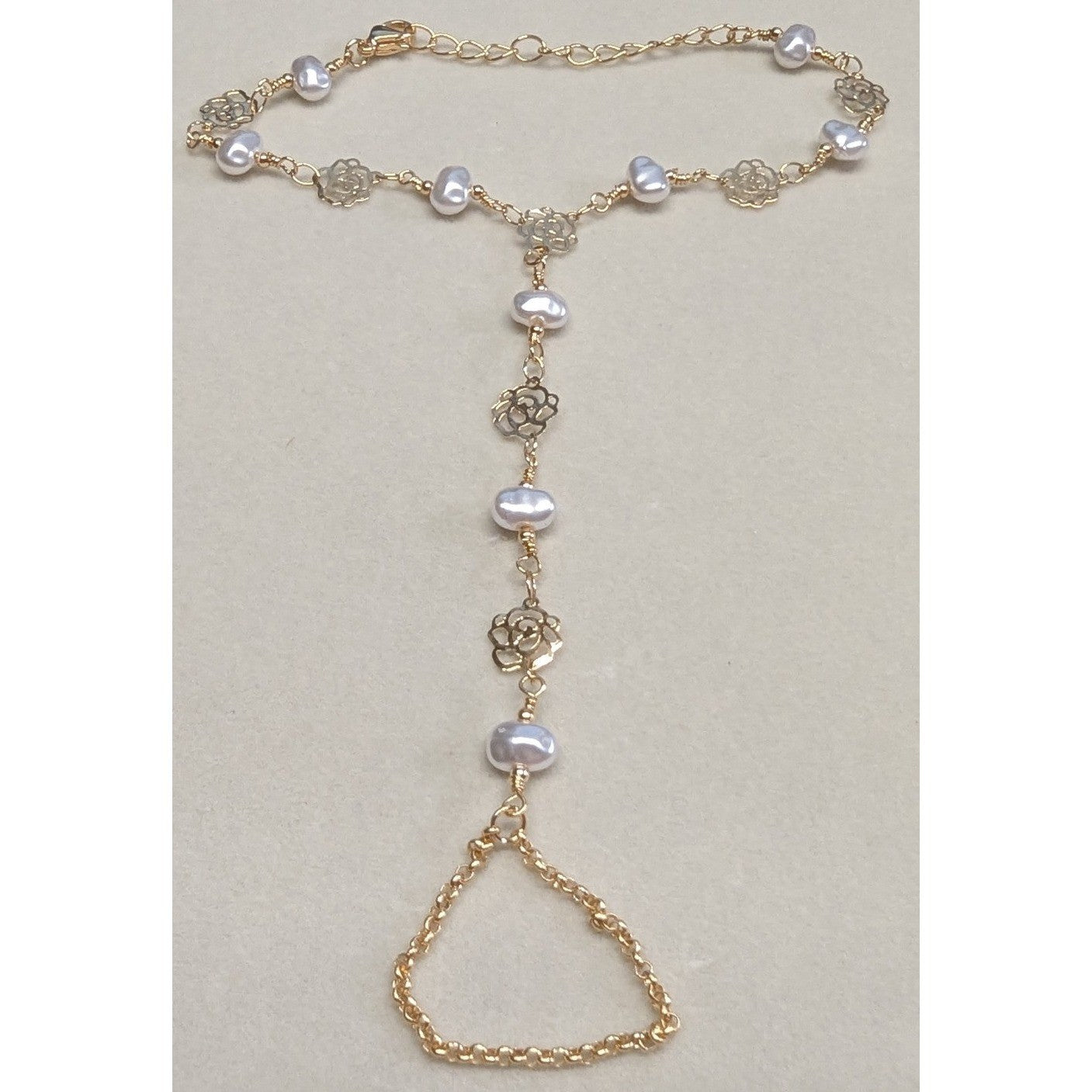 New Hand Slave Bracelet Ring 14K GP Gold PLated Faux Pearl Rose Filigree Boho
