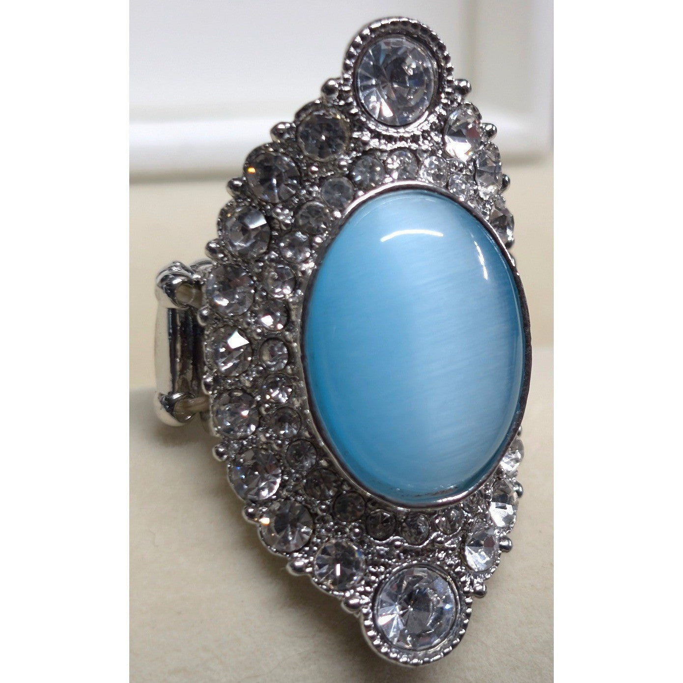 New Big Blue Faux Cat Eye Moonstone Rhinestone Statement Ring SilverTone Stretch