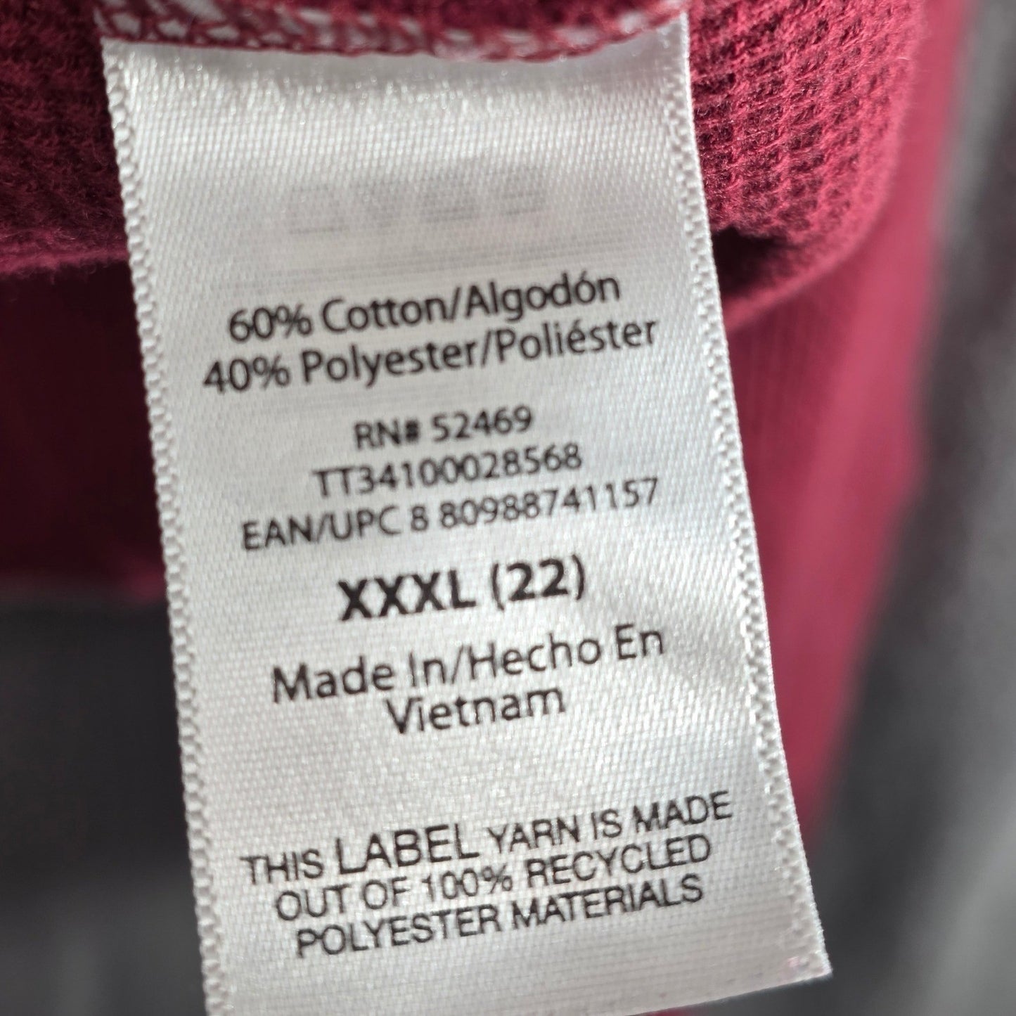 Time and & Tru Waffle Knit Thermal Top Womens Plus Size XXXL 22 Burgundy Long Sl