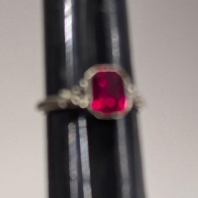 Vintage Uncas Faux Ruby Red Emerald Cut Ring Adjustable Silver Tone Filigree