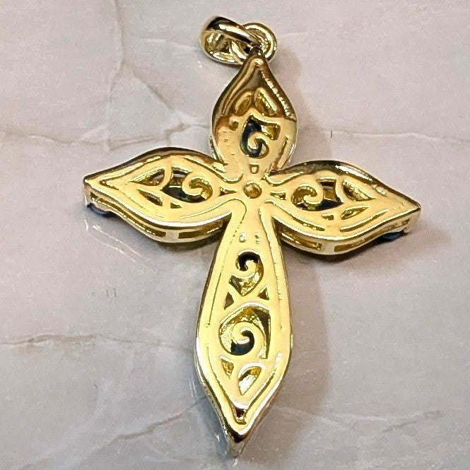 Blue Fire Lab Opal Cross Pendant 1.5 Inch 14K GP Gold PLated Marquise Filigree
