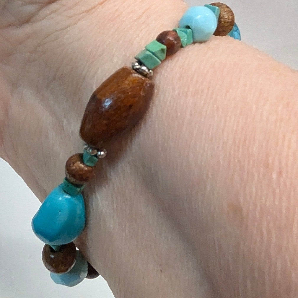 Beaded Stretch Bracelet Blue Brown Wood Glass Stone Beads Boho Eclectic Handmade