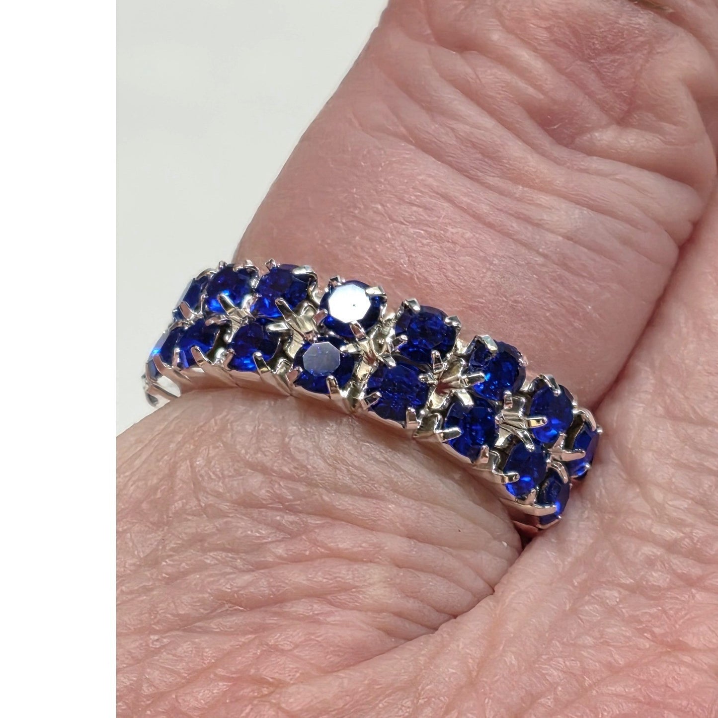 New Blue Rhinestone Stretch Ring Band Two Rows Silver Tone Crystal