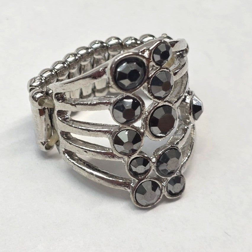 New Dark Rhinestone Stretch Band Ring Gray Silver Tone Statement Chunky PLus