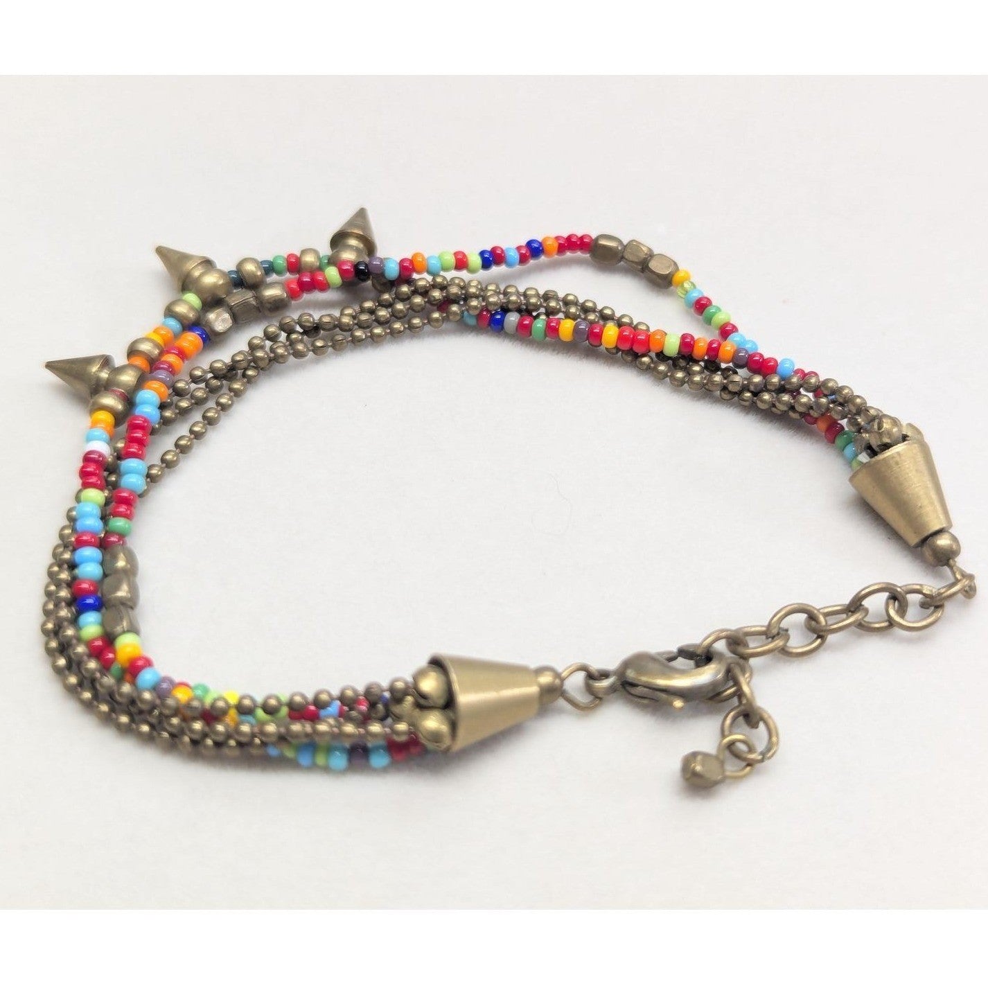 Vtg Beaded Multi Strand Spike Bracelet Multicolor Bronze Tone Boho Punk Beads
