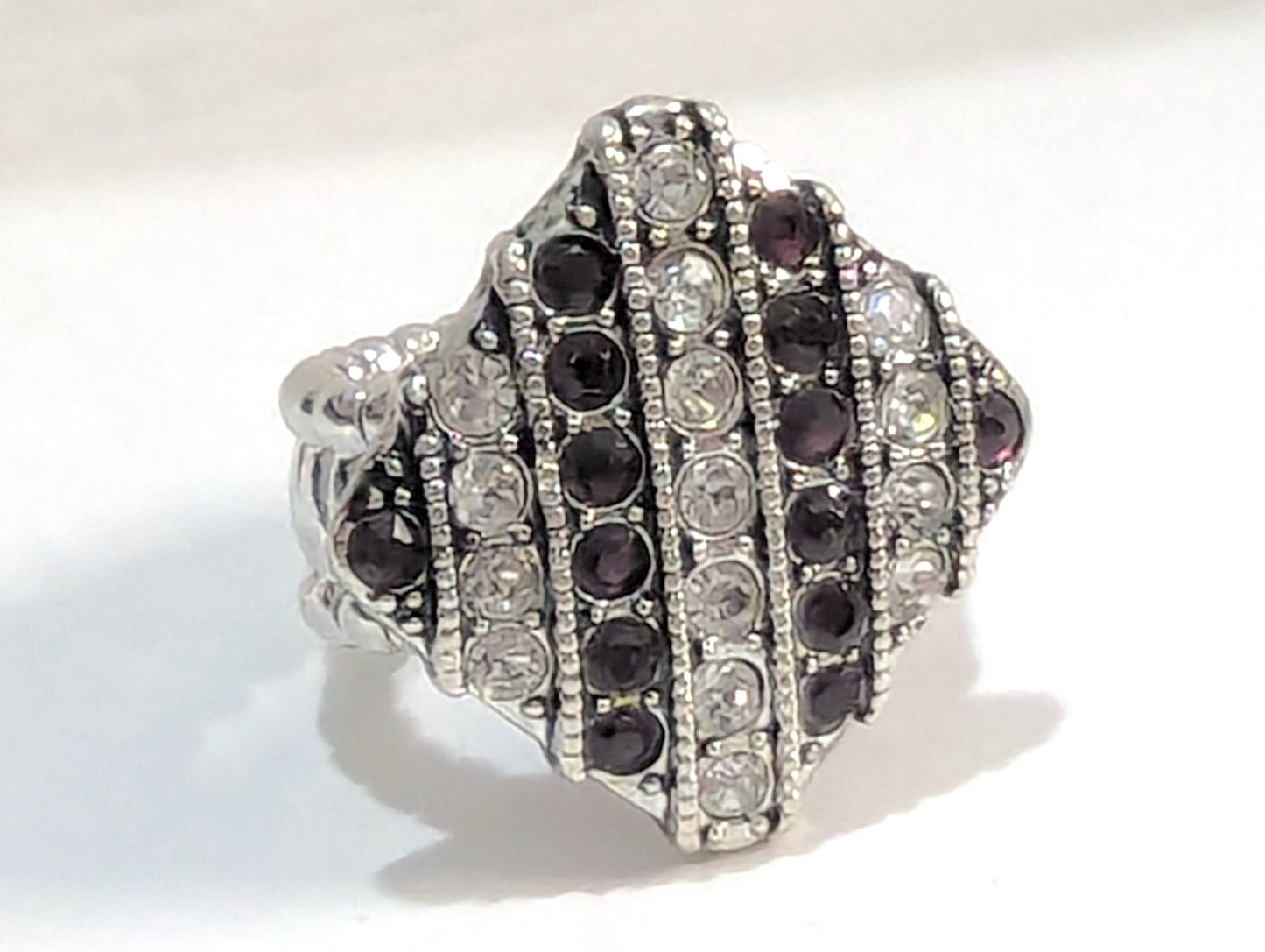 New Ring Purple Clear Silver Tone Rhinestones Stretch Band Art Deco Style Square