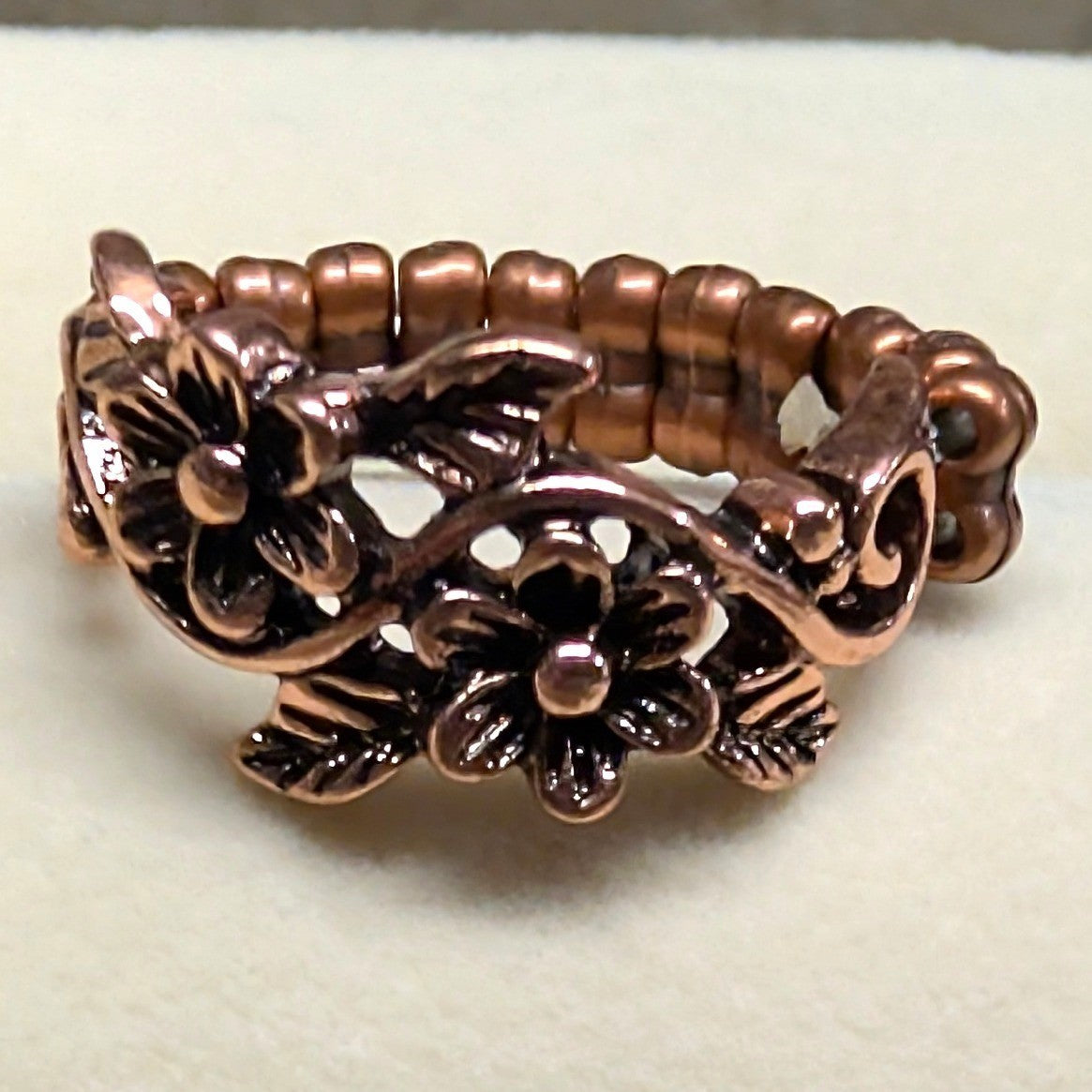New Flowers Floral Ring Copper Tone Stretch Band Leaves Boho Hippy Botanical