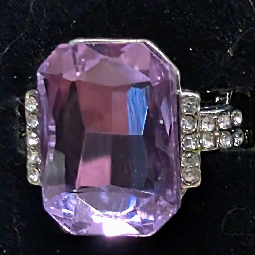 New Purple Emerald Cut Chunky Clear Rhinestone Statement Ring SilverTone Stretch