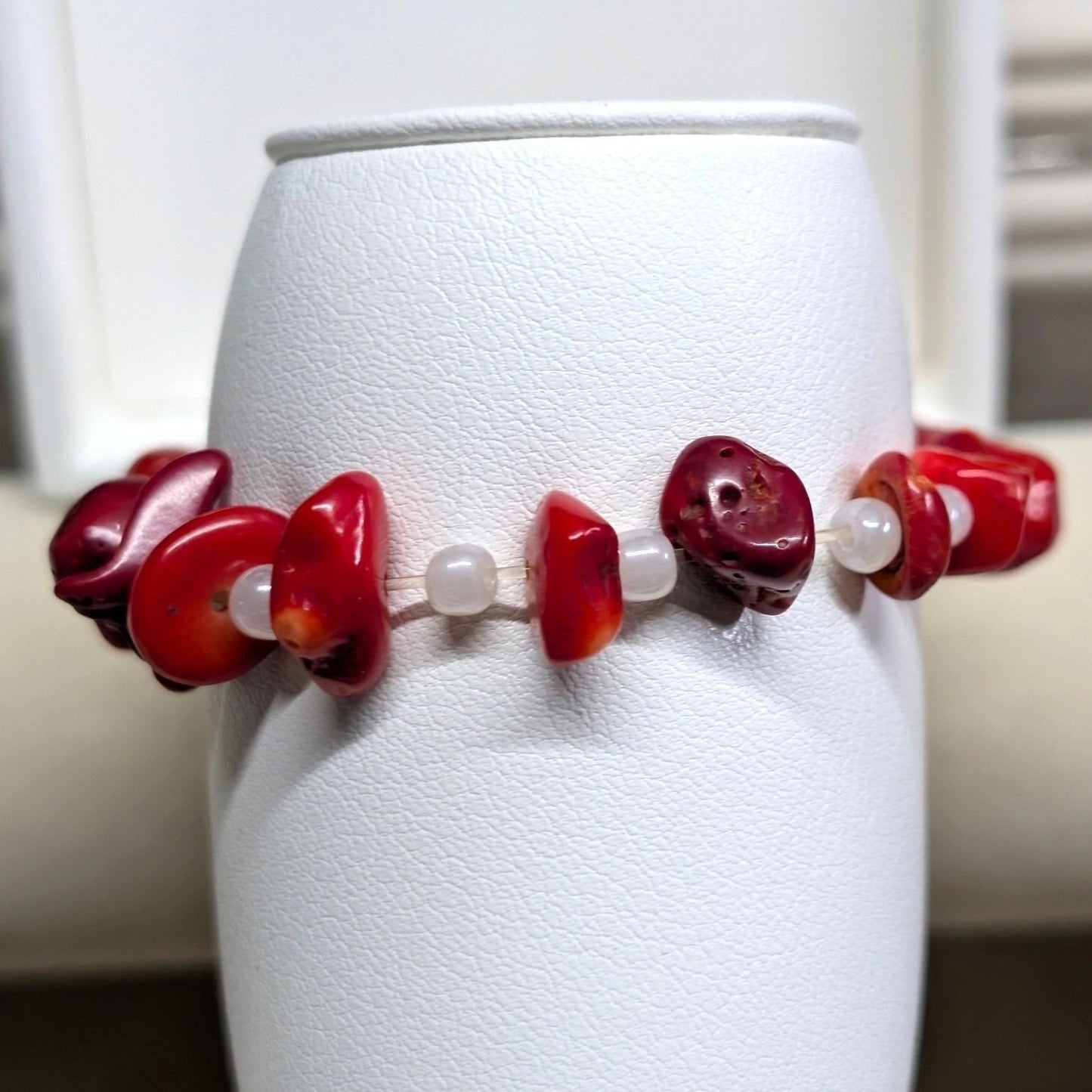 Red Coral ? Nugget Beaded Stretch Bracelet Boho Organic Natural Stone White Bead