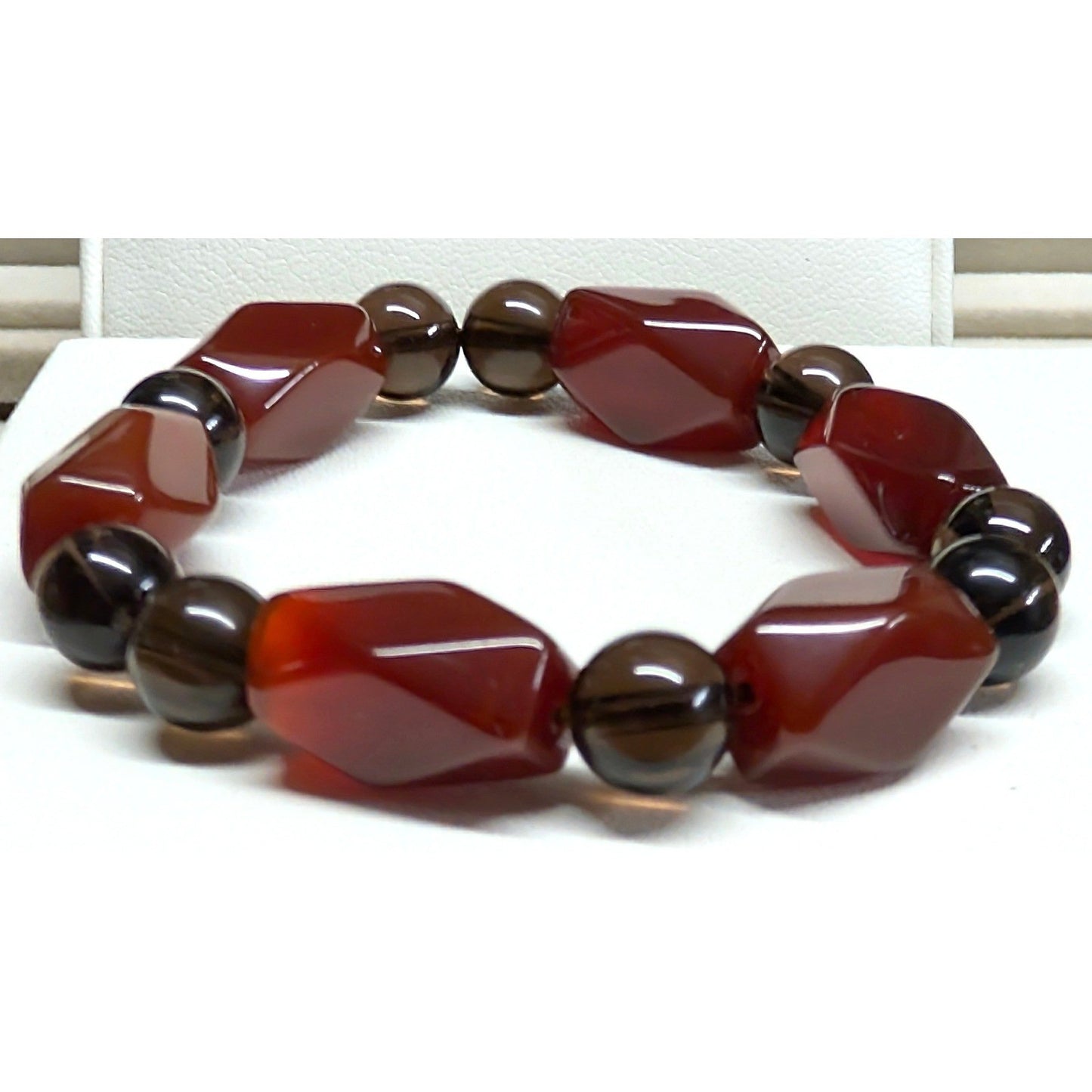 New Carnelian Smoky Quartz Beaded Stretch Bracelet Brown Red Geometric Beads