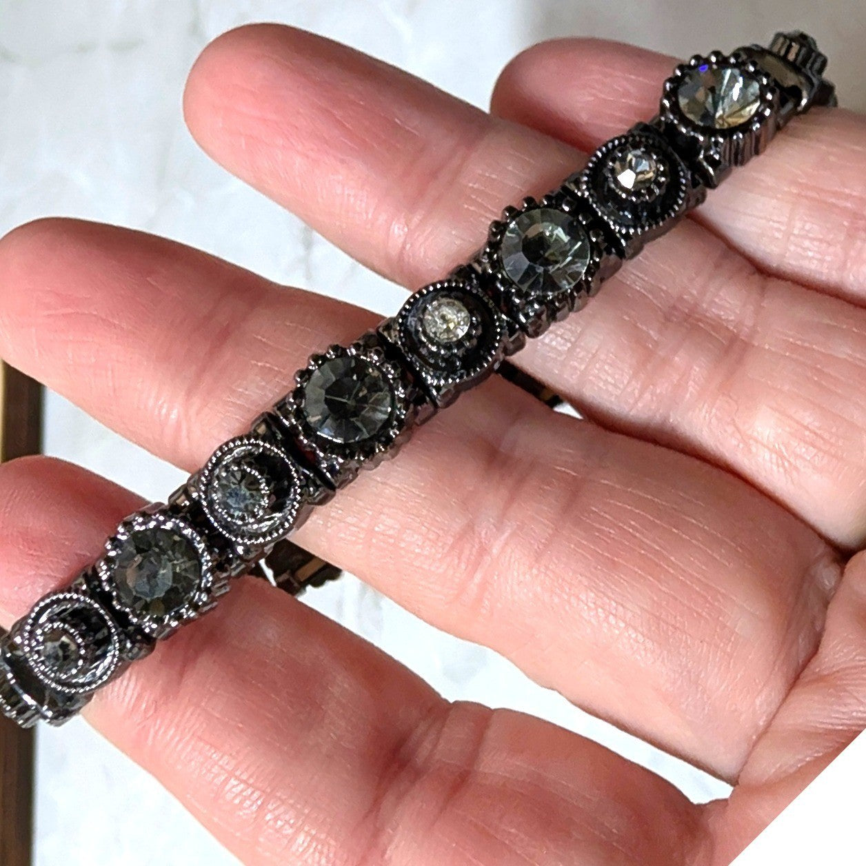 New Stretch Bracelet Gunmetal Gray Round Rhinestones Rainbow Sparkle Gothic Glam