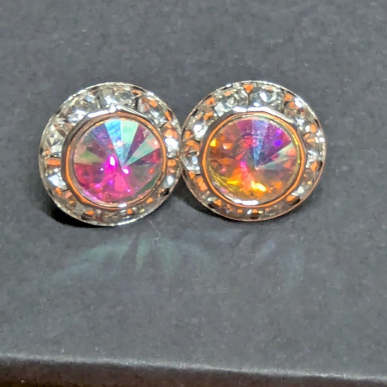 New Aurora Borealis AB Halo Rhinestones Clip On Earrings Silver PLated Wedding
