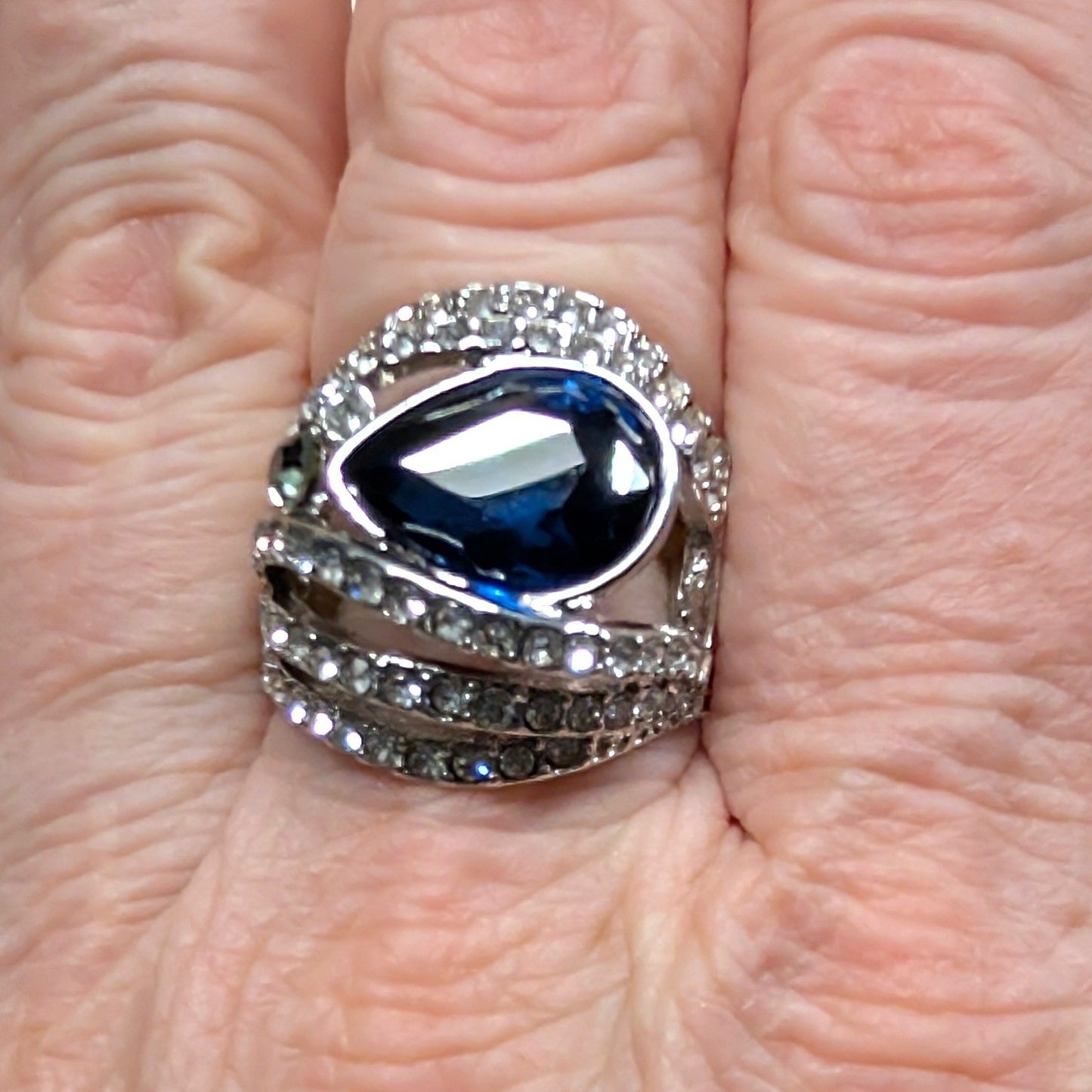 New Chunky Statement Ring Stretch Pear Blue TearDrop Stone Rhinestone SilverTone