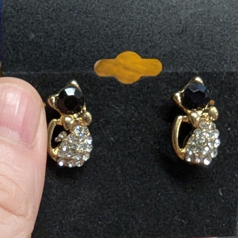 NEW kitty Cat Kitten Feline Rhinestone Stud Earrings Goldtone Black Clear Animal