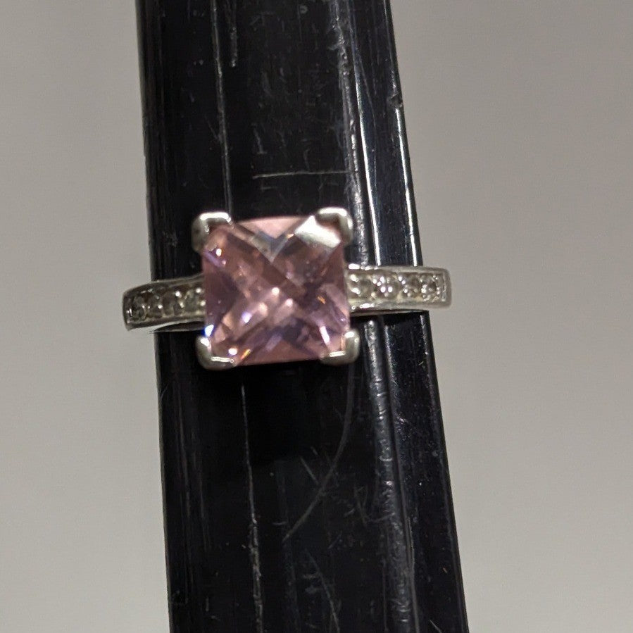 Sterling Silver 925 Pink Stone Ring Size 6.5 Square Cut Faceted Clear Rhinestone