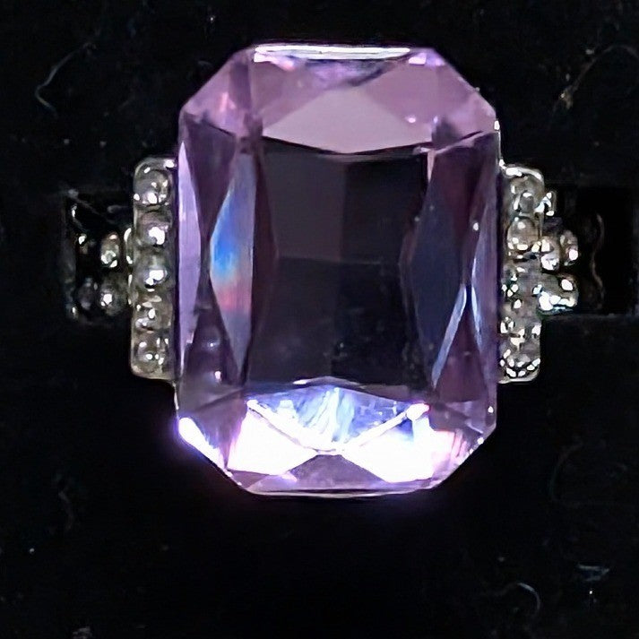 New Purple Emerald Cut Chunky Clear Rhinestone Statement Ring SilverTone Stretch