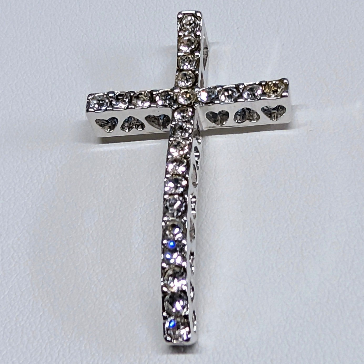 New 1.66" 925 Sterling Silver PLated Rhinestone Cross Pendant Wavy Heart Cutouts