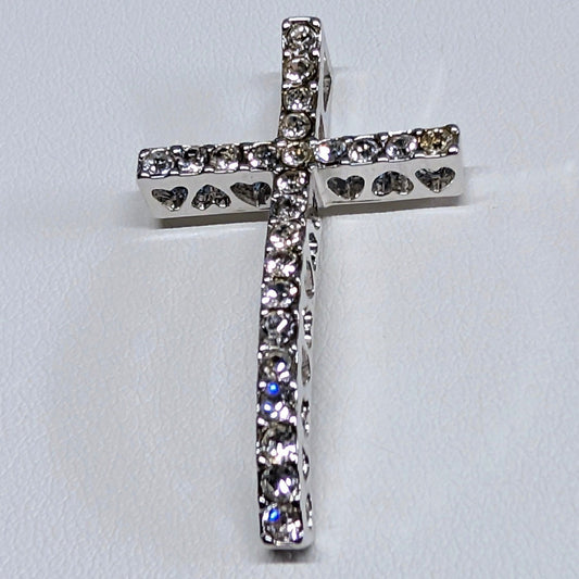 New 1.66" 925 Sterling Silver PLated Rhinestone Cross Pendant Wavy Heart Cutouts