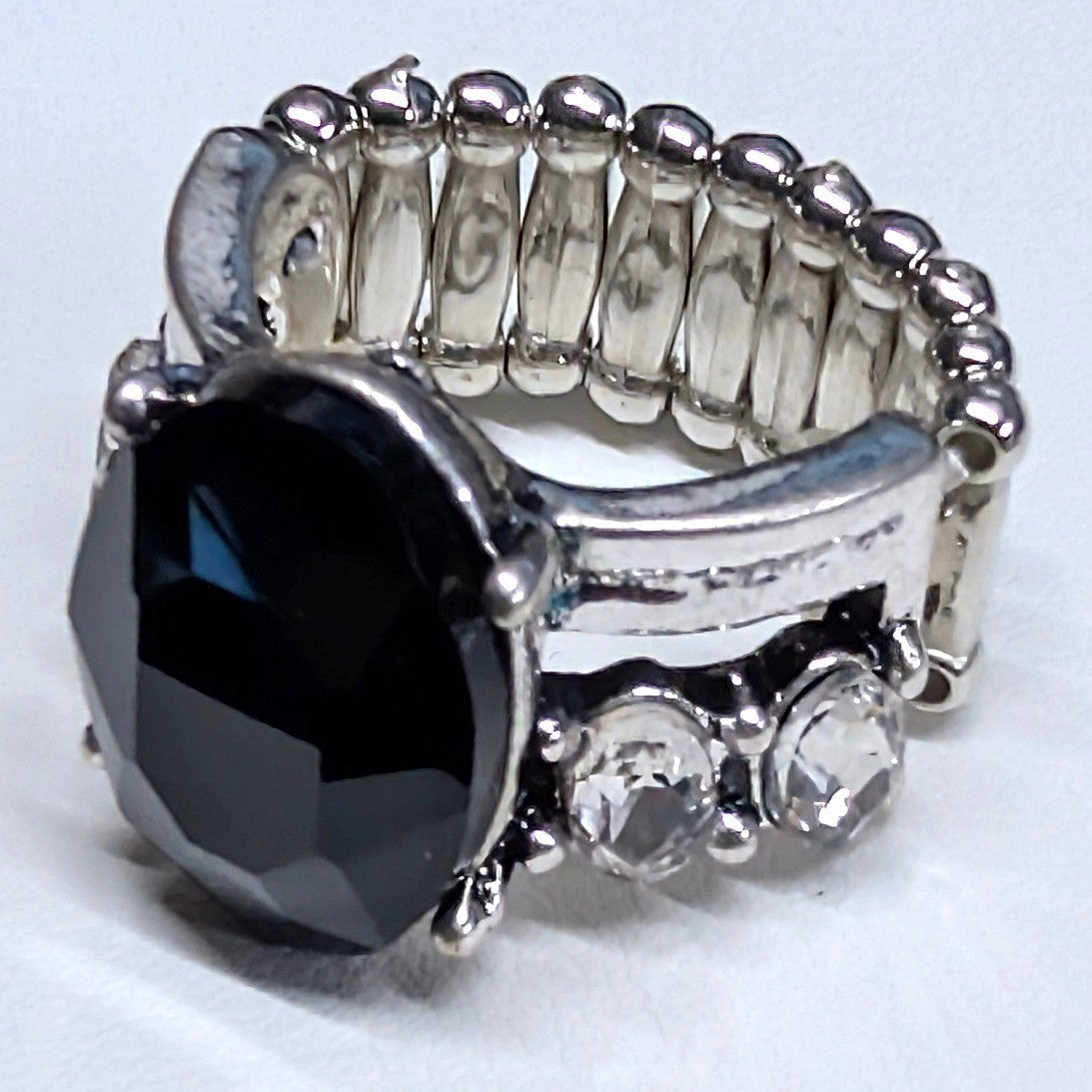 Black Oval Faceted Stone Stretch Ring SilverTone Clear Rhinestone Bold Statement