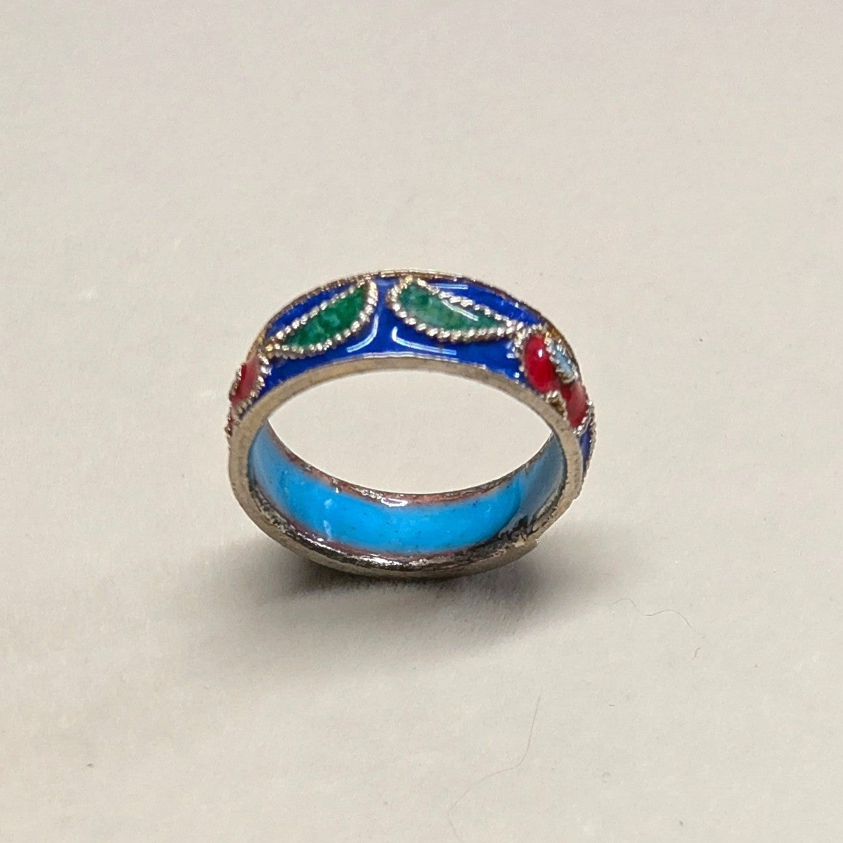 Vintage Cloisonne Enamel Inside Heart Band Ring Size 5.5 Blue Red Green Boho