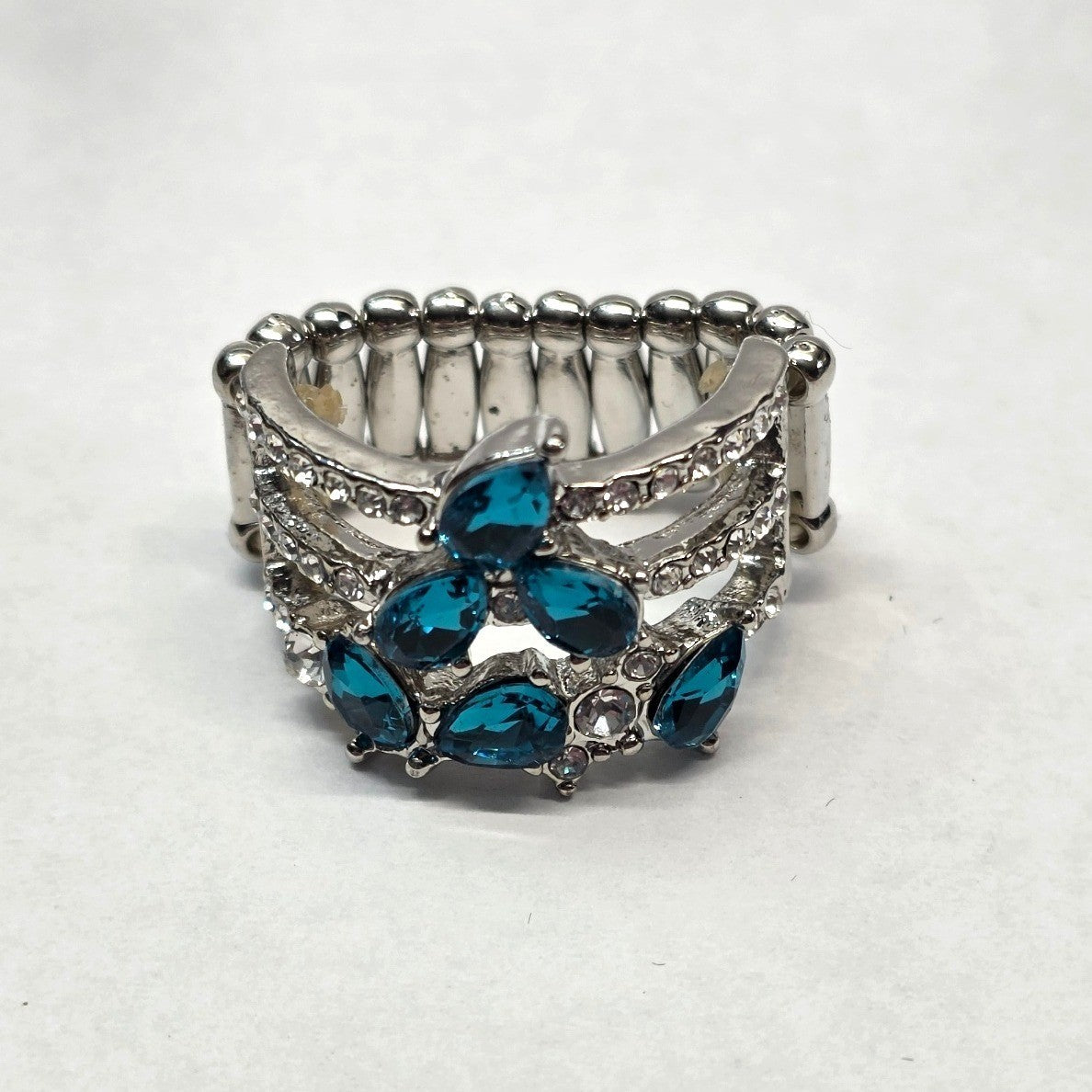 New Teal Blue Clear Rhinestone Stretch Band Ring Plus Size Silver Tone Statement