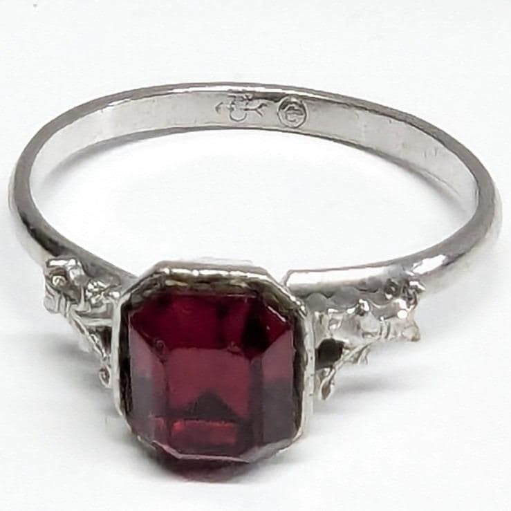 Vintage Uncas Faux Ruby Red Emerald Cut Ring Adjustable Silver Tone Filigree