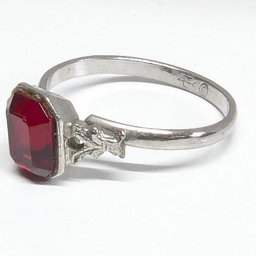 Vintage Uncas Faux Ruby Red Emerald Cut Ring Adjustable Silver Tone Filigree