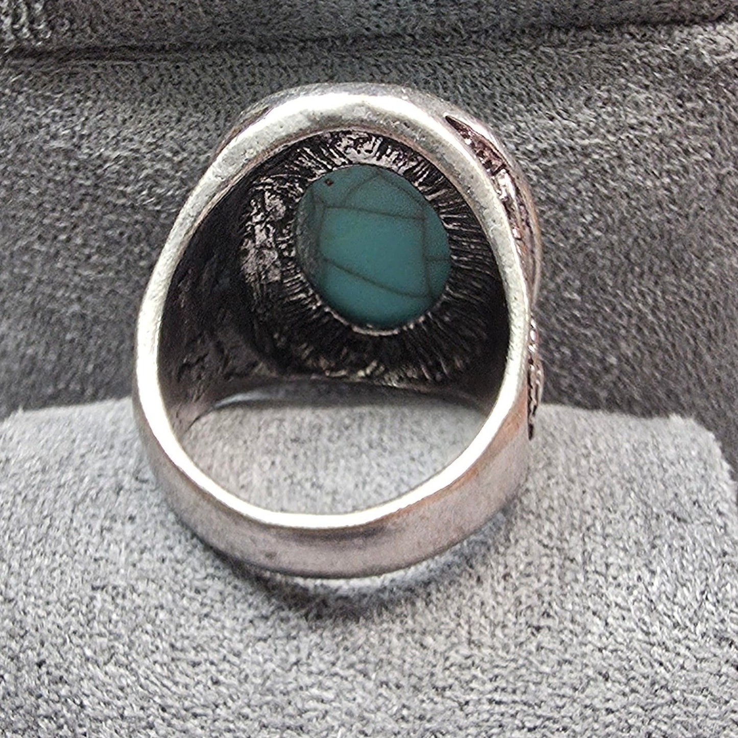 New Chunky Faux Turquoise Cabochon Ring Size 9.5 SilverTone Clear Rhinestones