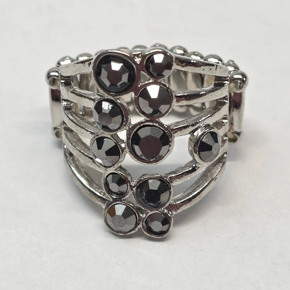 New Dark Rhinestone Stretch Band Ring Gray Silver Tone Statement Chunky PLus
